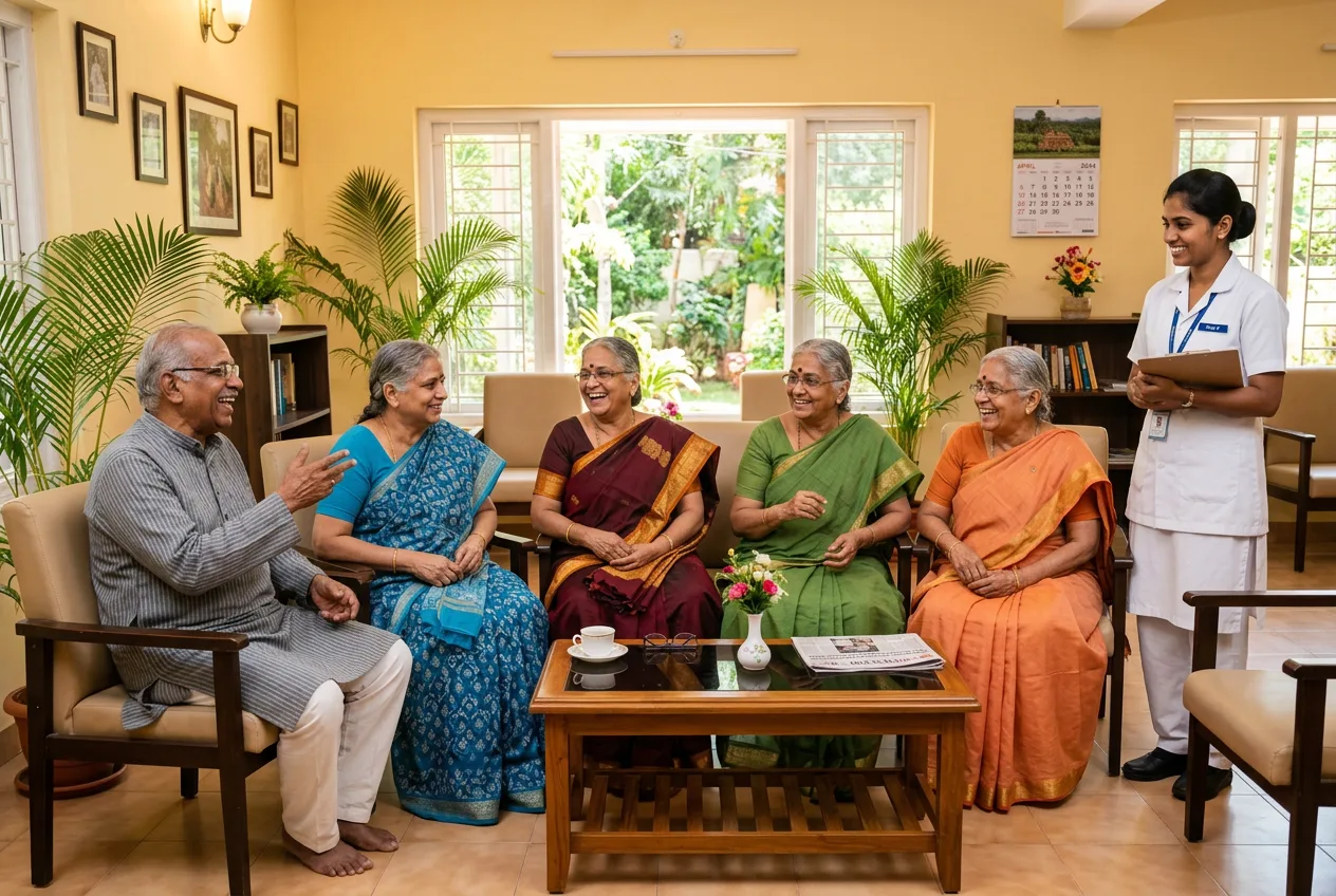 Indian elderly residents with nurse in care home common room