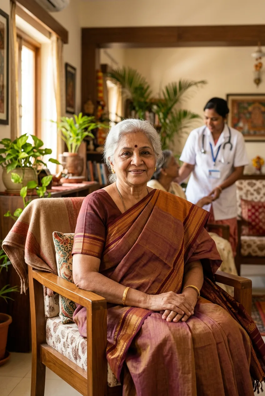 Indian elderly woman in traditional saree at care home with nurse